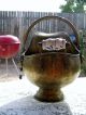 Antique Brass Coal Scuttle Pot With Carved Lions Heads And Blue Delft Handle Hearth Ware photo 3