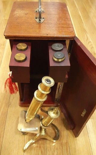 Antique Henry Crouch Brass Microscope 8554.  Mahogany Box,  Lenses, photo