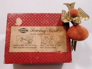 Vintage/antique? Traum Sewing Bird - Two Velvet Pin Cushions - A Third Hand. photo