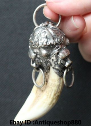 11cm Old China Antique Inlay Bronze Wild Hog Tooth Foo Fu Dog Lion Head Pendant photo