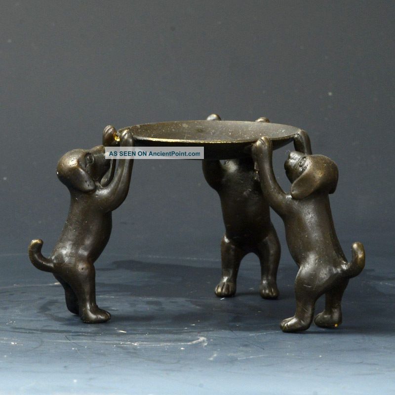 Chinese Bronze Handwork Plate W 3 Dogs Plates photo