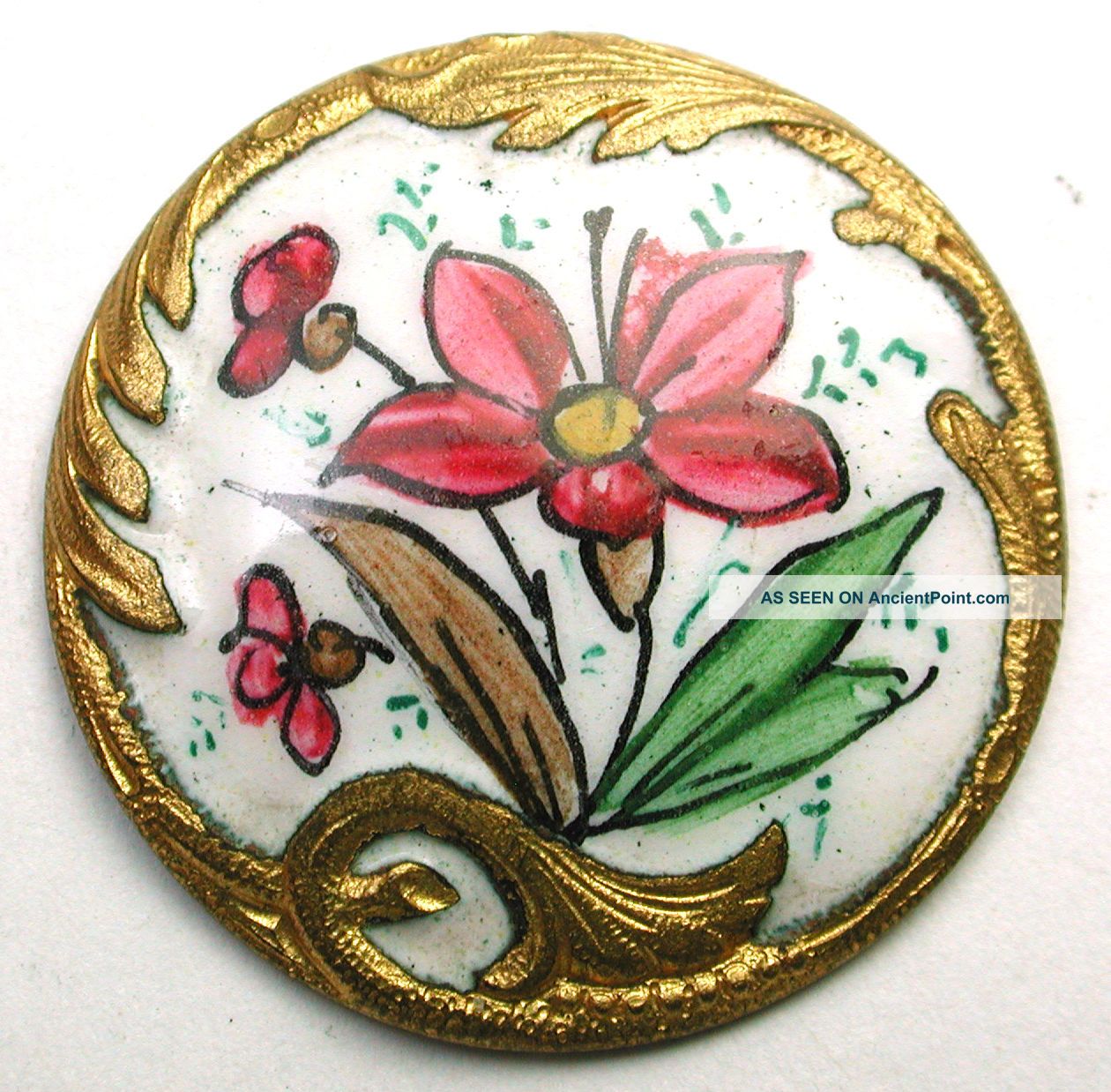 Antique French Enamel Button Hand Painted Purple Flower W/ Fancy Brass Border Buttons photo