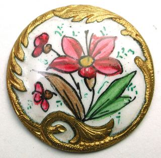Antique French Enamel Button Hand Painted Purple Flower W/ Fancy Brass Border photo