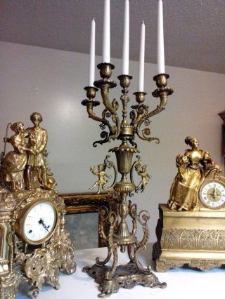 Tall Antique French Brass Gold Ornate Carved Candelabra 5 Arm / Candle Holder photo