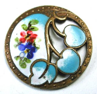 Antique French Enamel Button Pierced Floral With Hand Painted Flowers photo