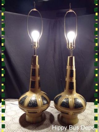 Mid Century Modern Pair Genie Bottle Moroccan & Faux Marble Pottery Lamps Vtg photo