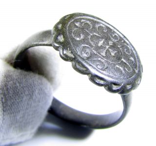 Rare Medieval Period Bronze Christian Ring With Cross On Bezel - Wearable - Cd71 photo