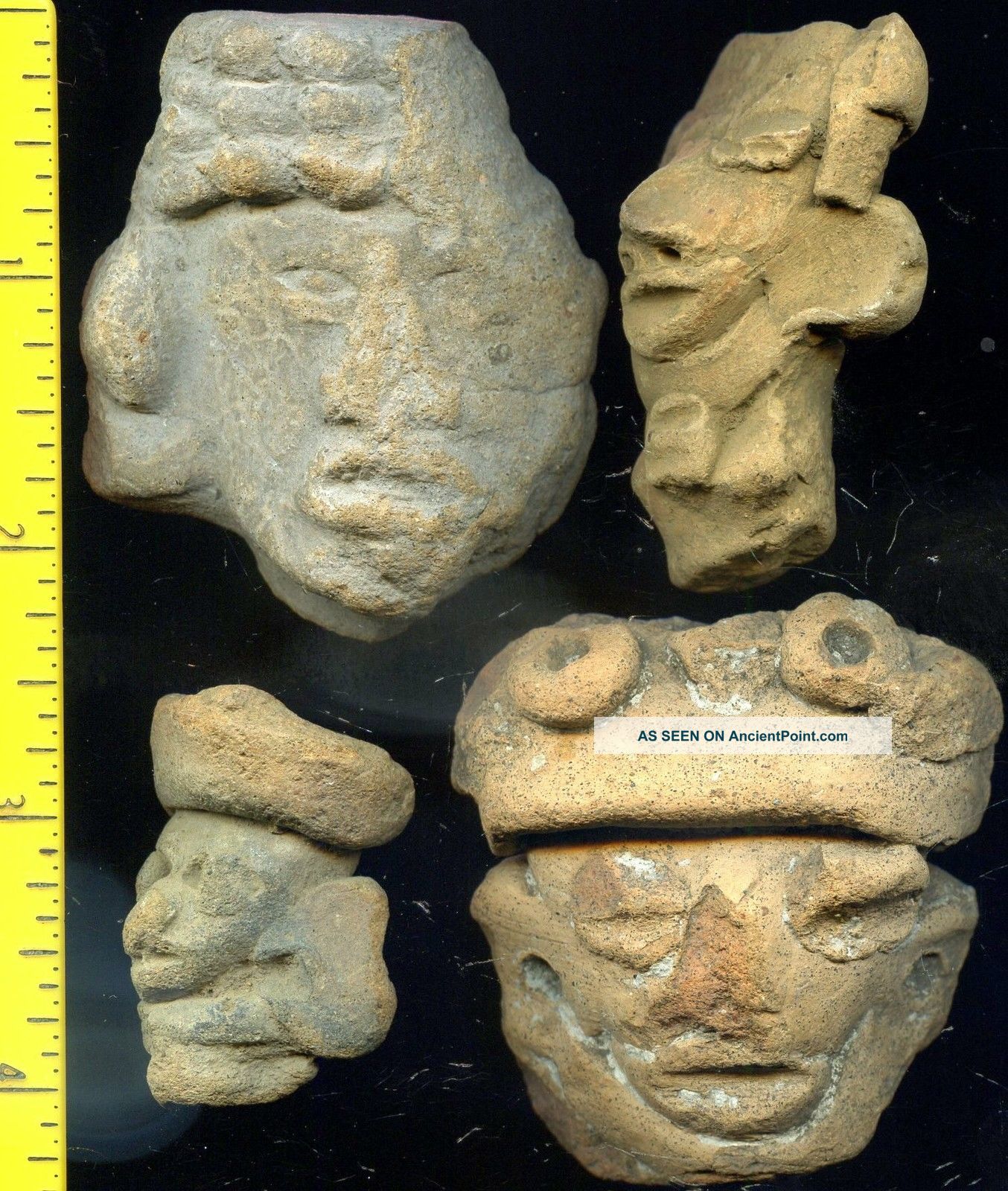 Pre - Columbian 4 Aztec Mazapan Clay Figure Heads,  Ca; 700 - 1200 Ad The Americas photo