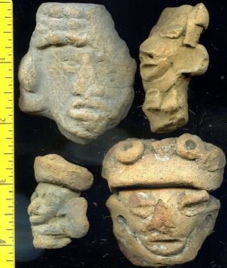 Pre - Columbian 4 Aztec Mazapan Clay Figure Heads,  Ca; 700 - 1200 Ad photo