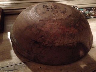 Wonderful Early Beehive Wood Dough Bowl,  Putty Paint,  Out Of Round photo