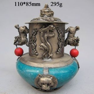 Tibetan Silver Buddha Statues Carved Incense Burner photo