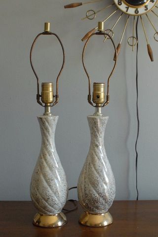 Vintage Mid Century Danish Modern Table Lamps Swirl Ceramic Gold Flecks photo