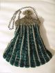 Antique Tan Crochet Knit Gold T Filigree Floral Frame Emerald Green Bead Purse Victorian photo 1