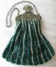 Antique Tan Crochet Knit Gold T Filigree Floral Frame Emerald Green Bead Purse Victorian photo 5