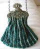 Antique Tan Crochet Knit Gold T Filigree Floral Frame Emerald Green Bead Purse Victorian photo 6