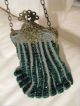 Antique Tan Crochet Knit Gold T Filigree Floral Frame Emerald Green Bead Purse Victorian photo 7