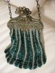 Antique Tan Crochet Knit Gold T Filigree Floral Frame Emerald Green Bead Purse Victorian photo 8