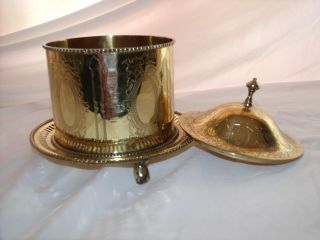 Vintage Art Deco Claw Foot Brass Bucket With Lid On Serving Platter photo