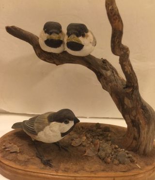 Vintage Glass Eyes 3 Chickadee Birds Wood Carving Figure By Bill Tucker 1995 photo