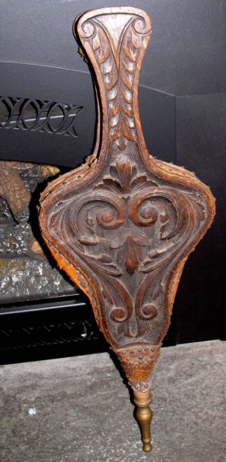 Antique Carved Wooden Fireplace Bellows,  Elaborate Detail photo