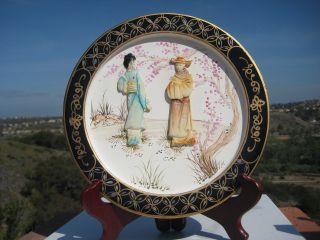 Antique Chinese Hand Painted Wooden Plate With Bone Carved Yellow Blue Geisha photo