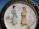 Antique Chinese Hand Painted Wooden Plate With Bone Carved Yellow Blue Geisha Plates photo 2