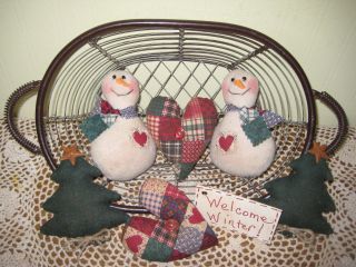 Primitive Handmade Christmas Snowmen Tree Heart Ornies Bowl Fillers Decor photo
