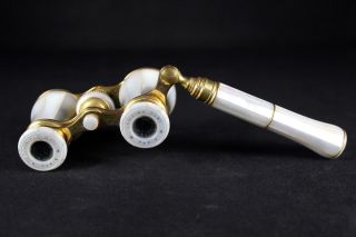 Antique Lemaire,  Paris Mother - Of - Pearl Opera Glasses With Telescopic Handle photo