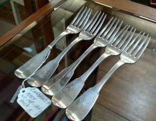 5 Heavycoin Silver Forks By Chaudron ' S,  Rasch 1798 - 1814 Philadelphia photo