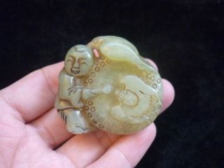 Chinese Antique Wear Old Jade Carving Of The Nobles Joy The Lad Pendant Pt2 photo