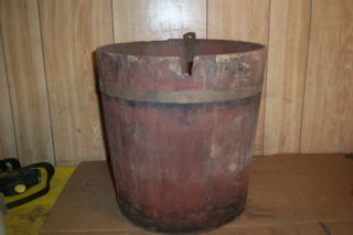 Old Wood Sap Bucket - Red Paint - 12 1/2 