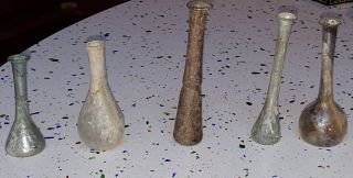 5 Ancient Roman Bottles Glass Unguentarium Circa 1st - 2nd Ad. photo