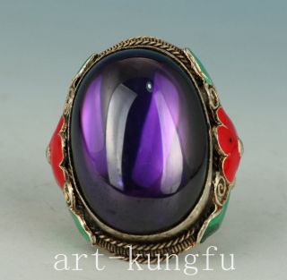 Noble Chinese Old Cloisonne Hand Carved Jade Silver Rings Collectible Decorative photo