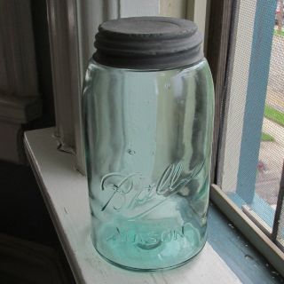 Vintage Ball Mason Aqua Glass Quart Fruit Jar With Zinc Lid,  1896 - 1910 photo