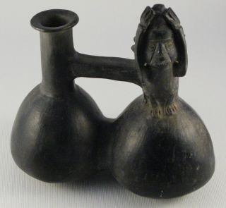 Pre - Columbian Chimu Double Chambered Whistling Pot With Warrior Figure photo