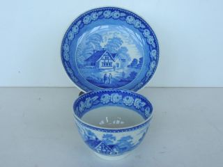 1820s Staffordshire Handless Cup Saucer Transferware Antique Blue White photo