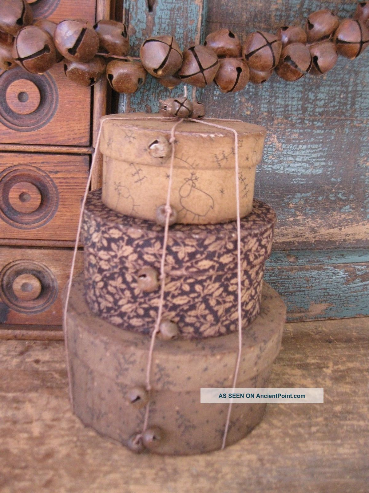 Stack Of 3 Papier Mache Pantry Boxes Covered In Brown Christmas Calico Primitives photo