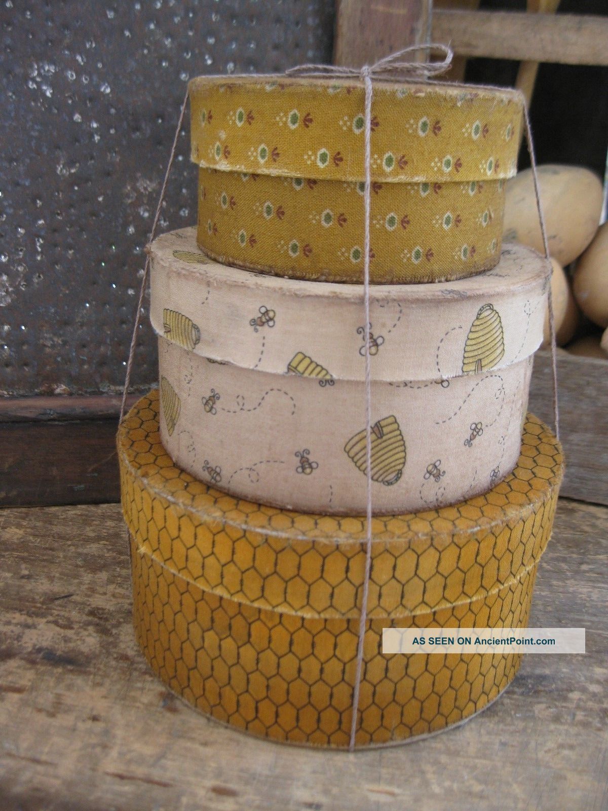 Stack Of 3 Papier Mache Pantry Boxes Covered In Beehive Calico Primitives photo