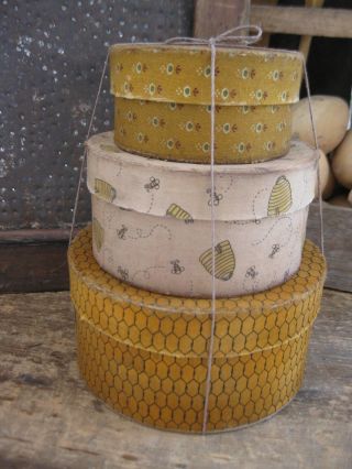 Stack Of 3 Papier Mache Pantry Boxes Covered In Beehive Calico photo