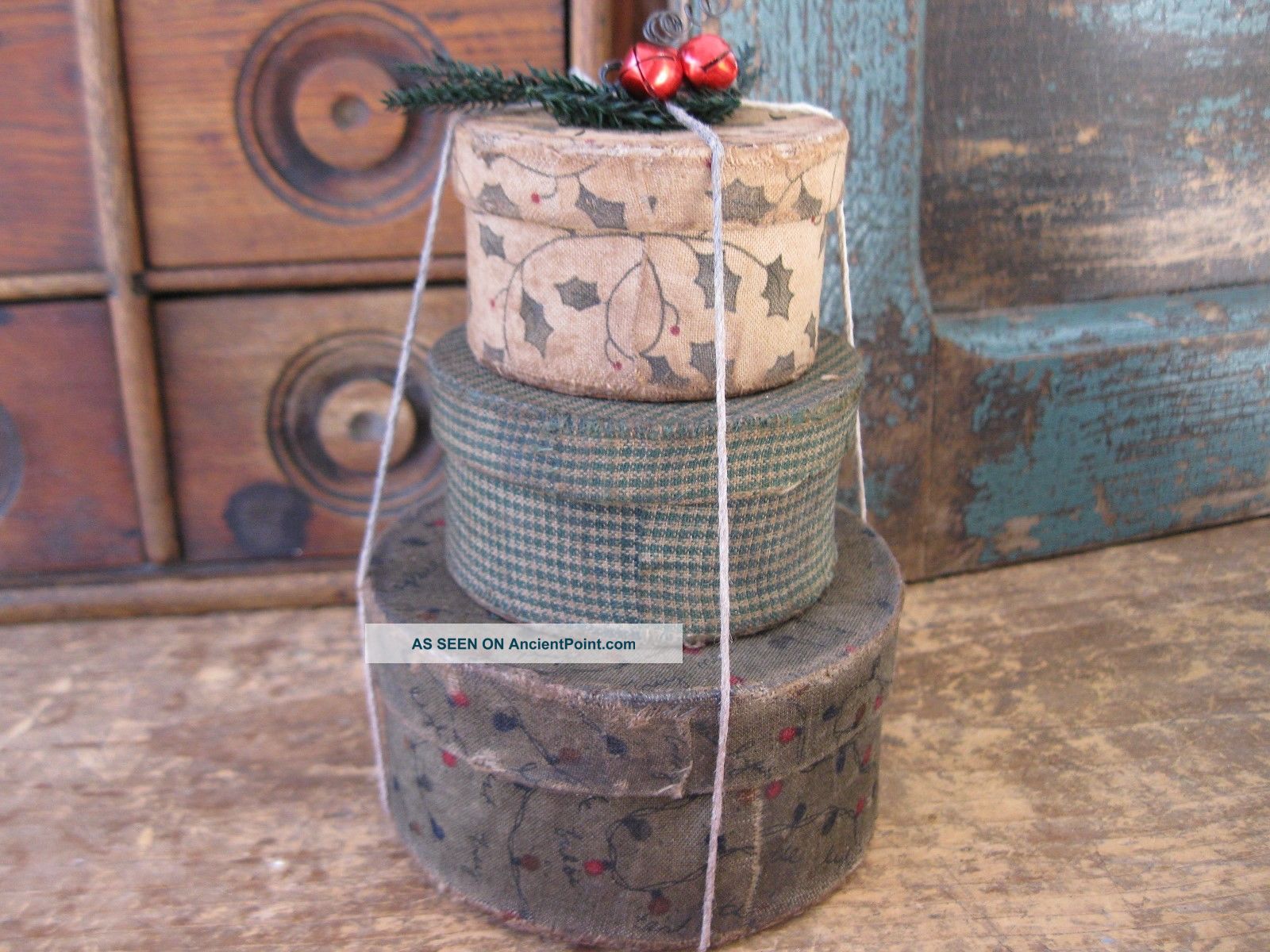 Small Stack Of 3 Papier Mache Pantry Boxes Covered In Green Christmas