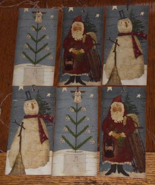 6 Folk Art Primitive Santa Claus Snowman Christmas Hang Tags Gift Tree Ornies photo