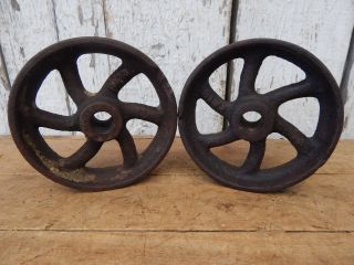 2 Antique Cast Iron Industrial Cart Wheels Vintage Parts Hit Miss / Maytag photo
