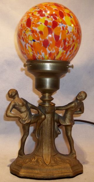 Antique Art Deco Dancing Nymphs Table Lamp Czech Splatter Shade Restored Exlnt photo