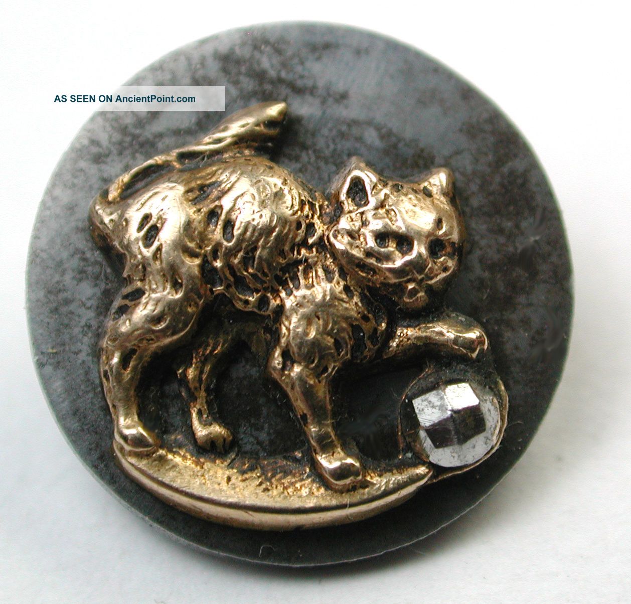 Antique Button Brass Cat W/ Cut Steel Ball On Steel Disc Buttons photo