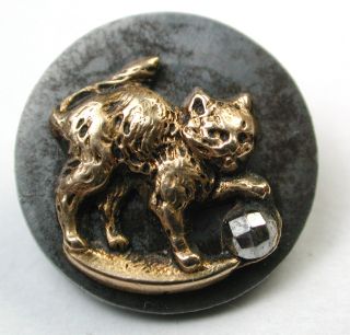 Antique Button Brass Cat W/ Cut Steel Ball On Steel Disc photo