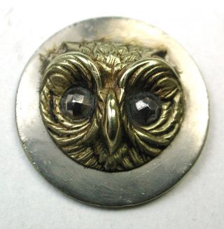 Antique Button Brass Owl Face W/ Cut Steel Eyes On Metal Disc photo