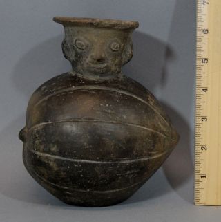 Antique Ancient Pre - Columbian Peru Peruvian Black Pottery Figural Man & Melon Nr photo