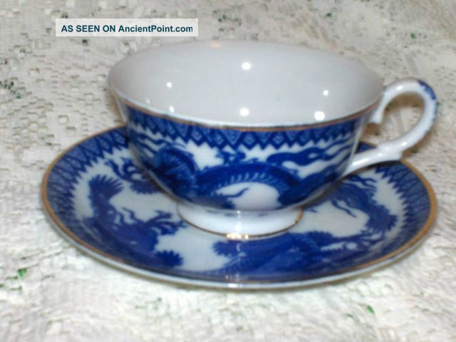 Vintage Japan Dragon Ware Porcelain Flow Blue Cup & Saucer Yamaryu Gold Trim Cups & Saucers photo
