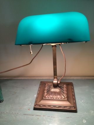 Antique Emeralite Emerald Green 1909 Pat.  Antique Brass Banker Desk Lamp photo
