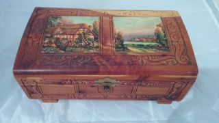 Vintage Carved Cedar Wood Jewelry Trinket Box Footed With Mirror Dual Picture photo